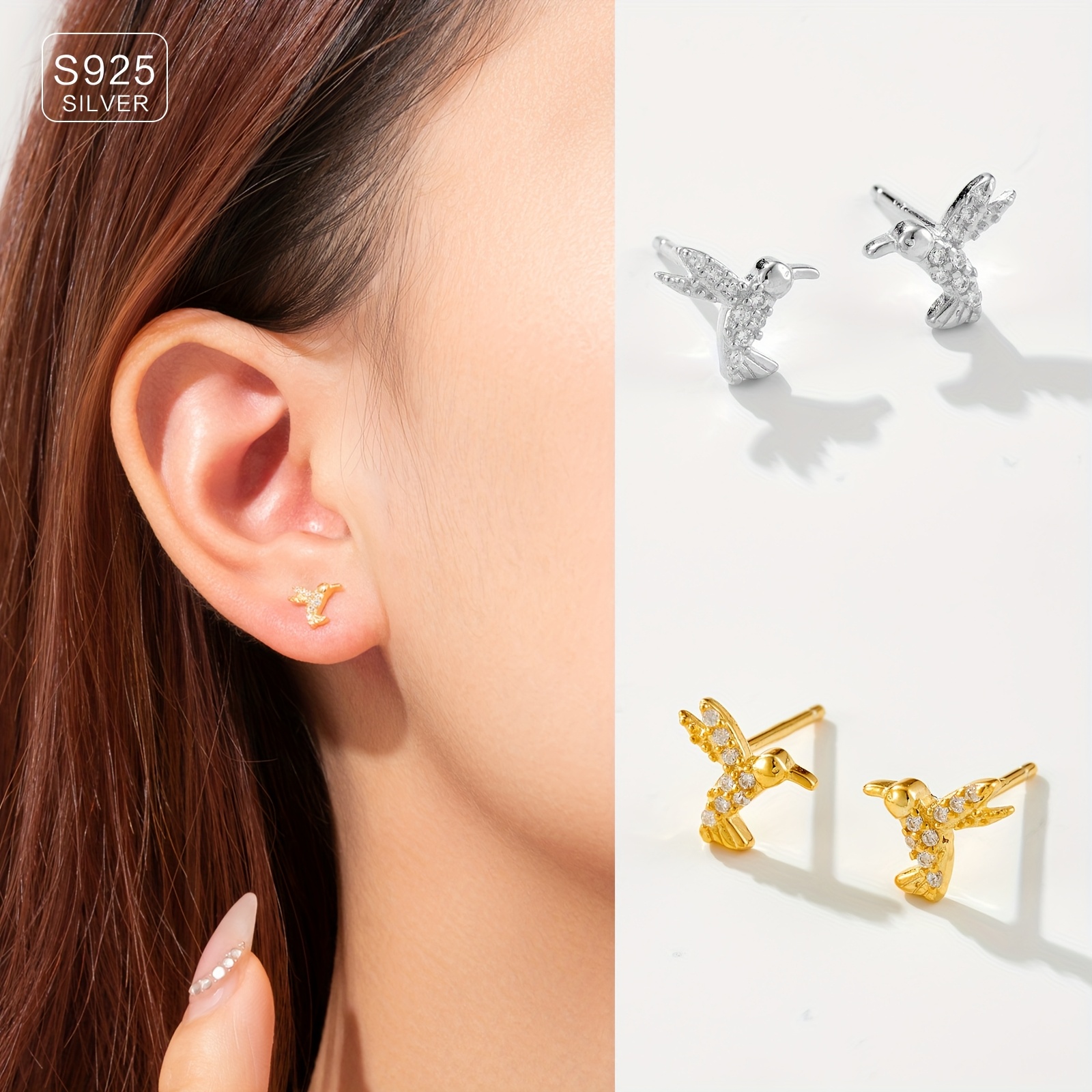 Women's Hummingbird Shaped Stud Earrings in 925 Silver